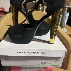 Steve Madden Black Heels with Gold Block Heels
